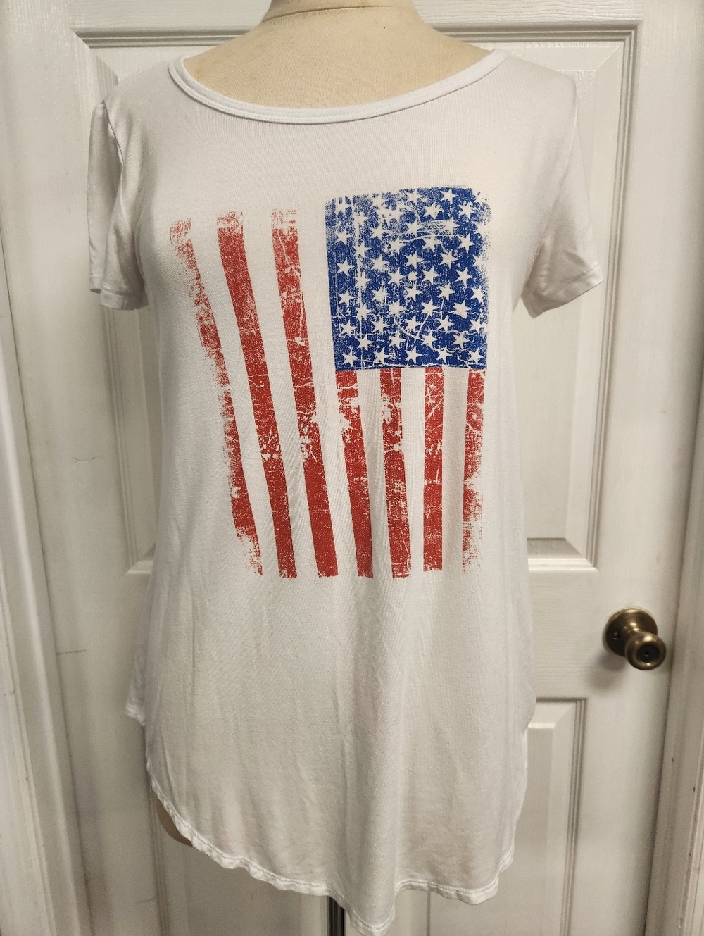 Scarlett White Short Sleeve Tee with Distressed Red and Blue Flag Graphic